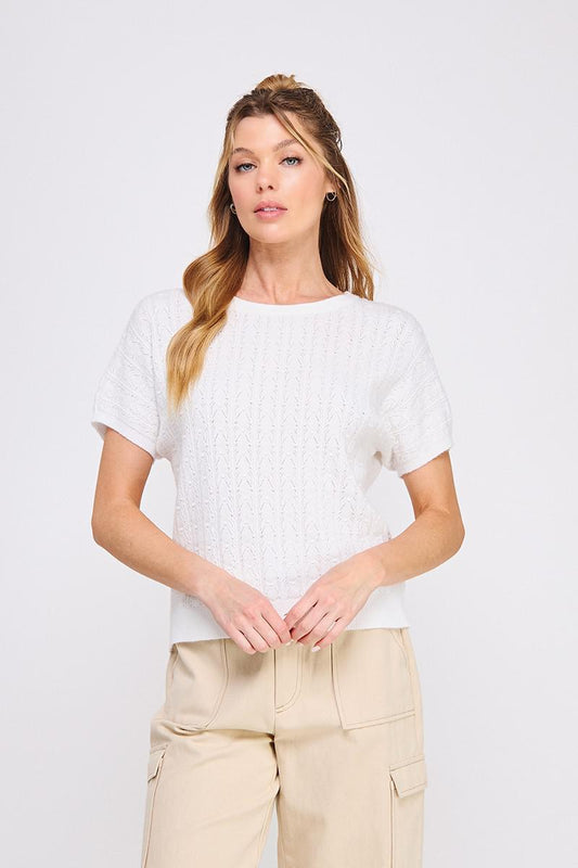 AR White Pointelle Mini Cable Knit Top