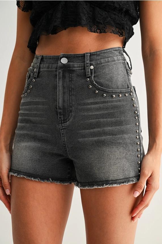 Cam High Rise Black Denim Studded Shorts