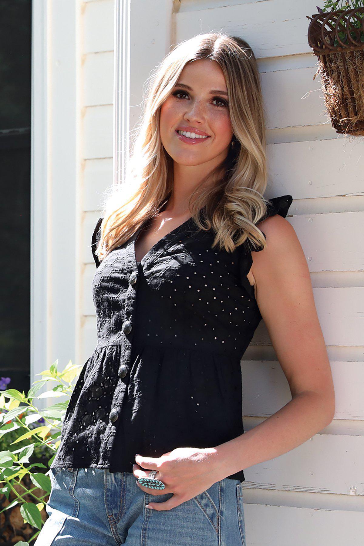 Cruel Black Eyelet Button Top