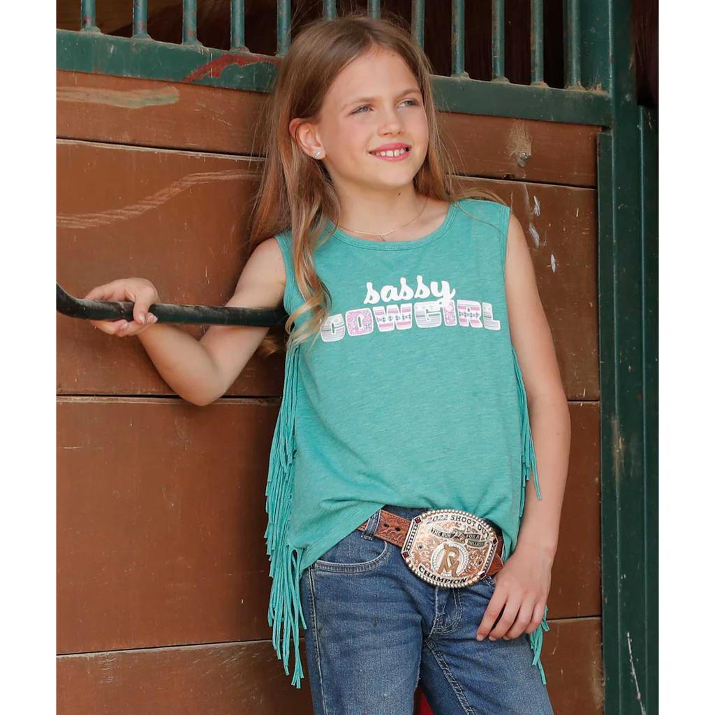 Cinch Girls Green Fringe Top