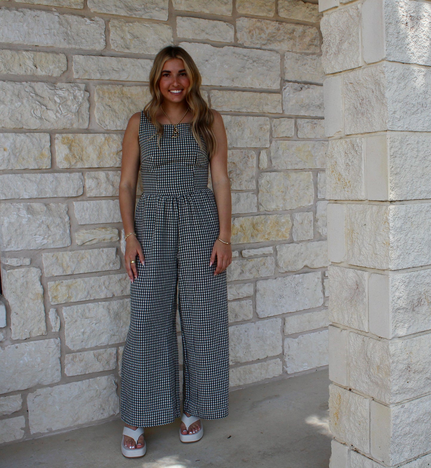 Miou Muse Black Gingham Printed Tie Jumpsuit