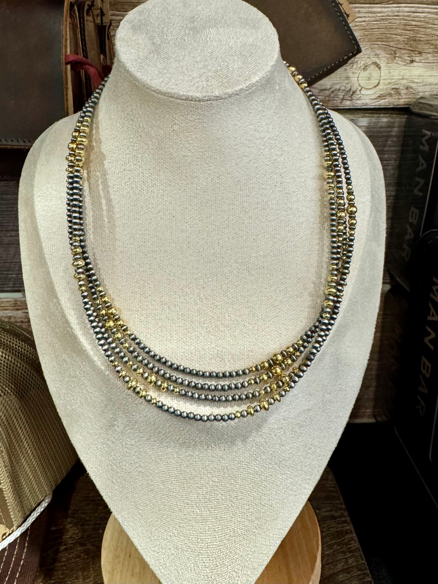 18" Navajo Silver&Gold Bead Necklace