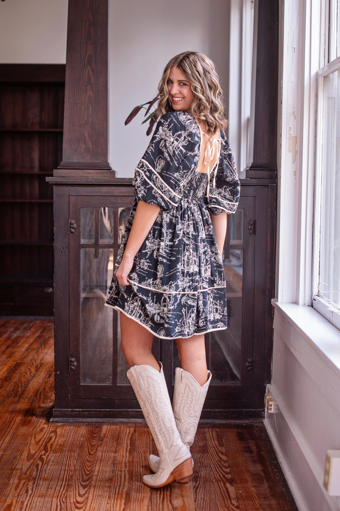 Entro Charcoal Toile Puff Sleeve Dress