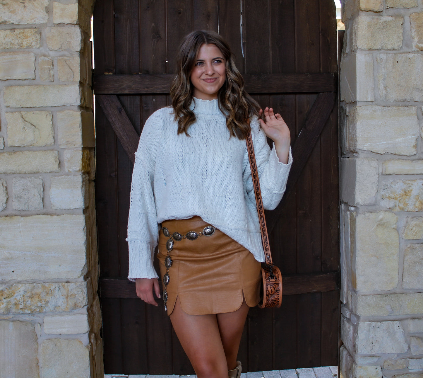 Eesome Camel Slit Leather Skirt