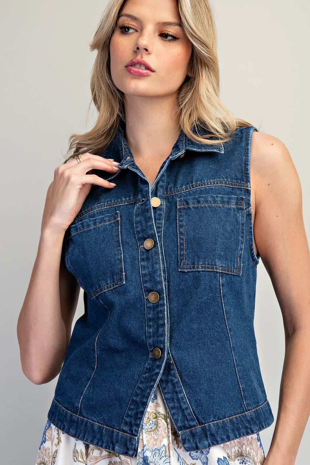 Eesome Dark Denim Button Down Vest