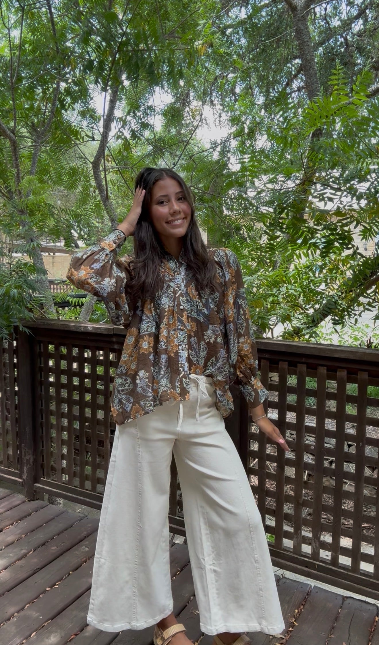Eesome Mocha Bloom Floral Button Down Top