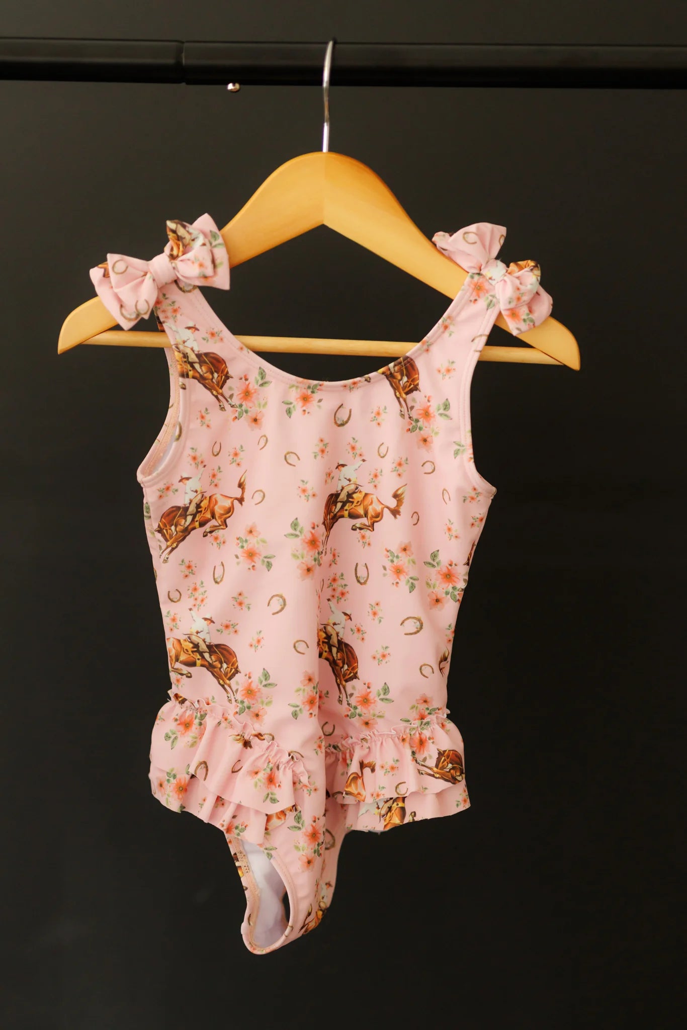 Pink Floral Bucking Horse Girls Swimsuit