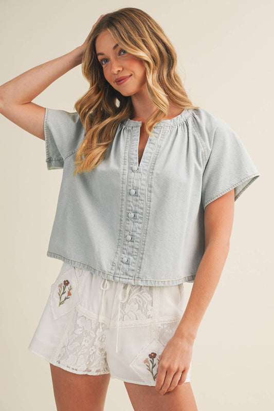 Mustard Seed Gathered Collar V-Notch Denim Blouse