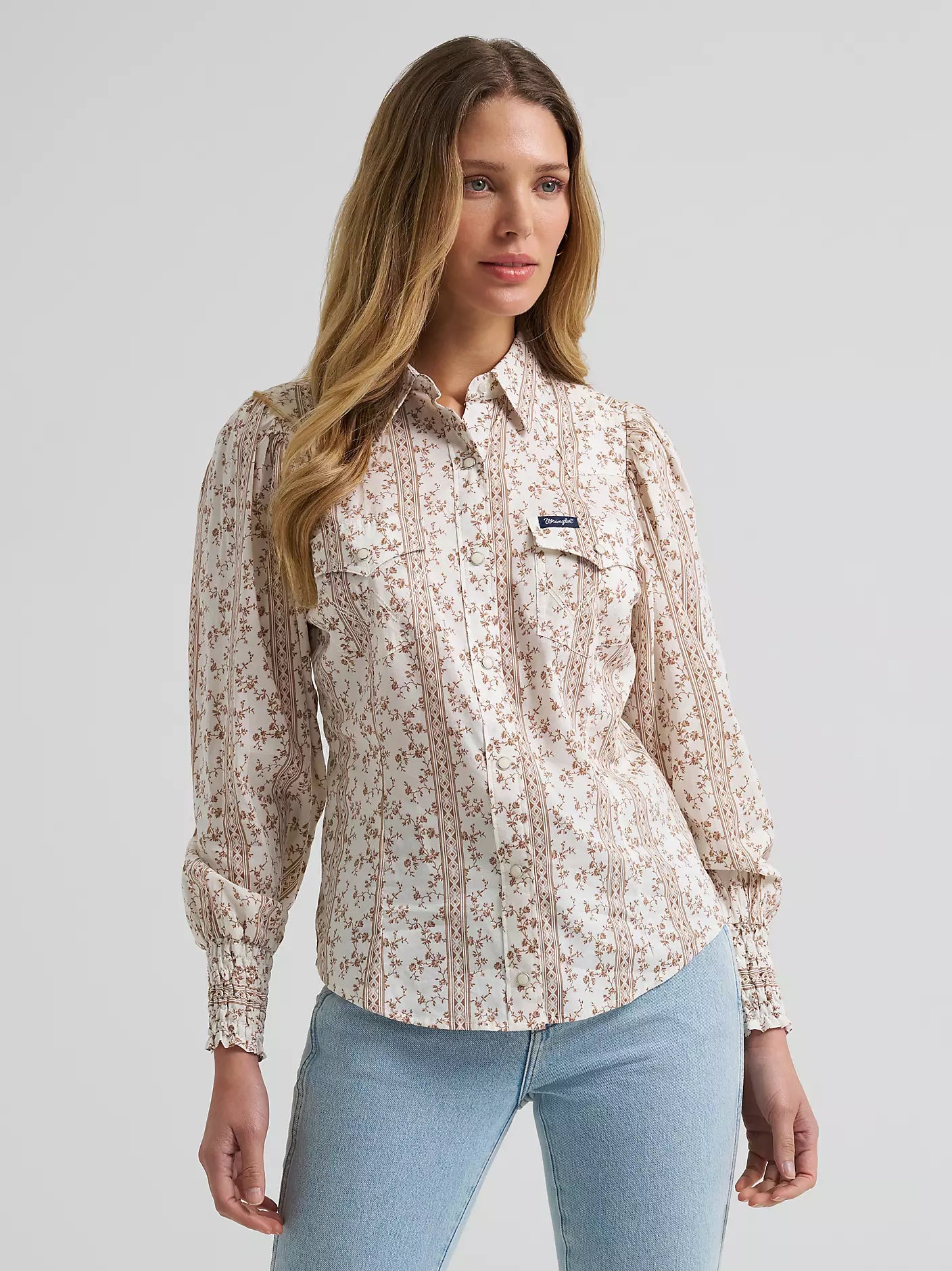 Wrangler Smocked Sleeve Snap Blouse