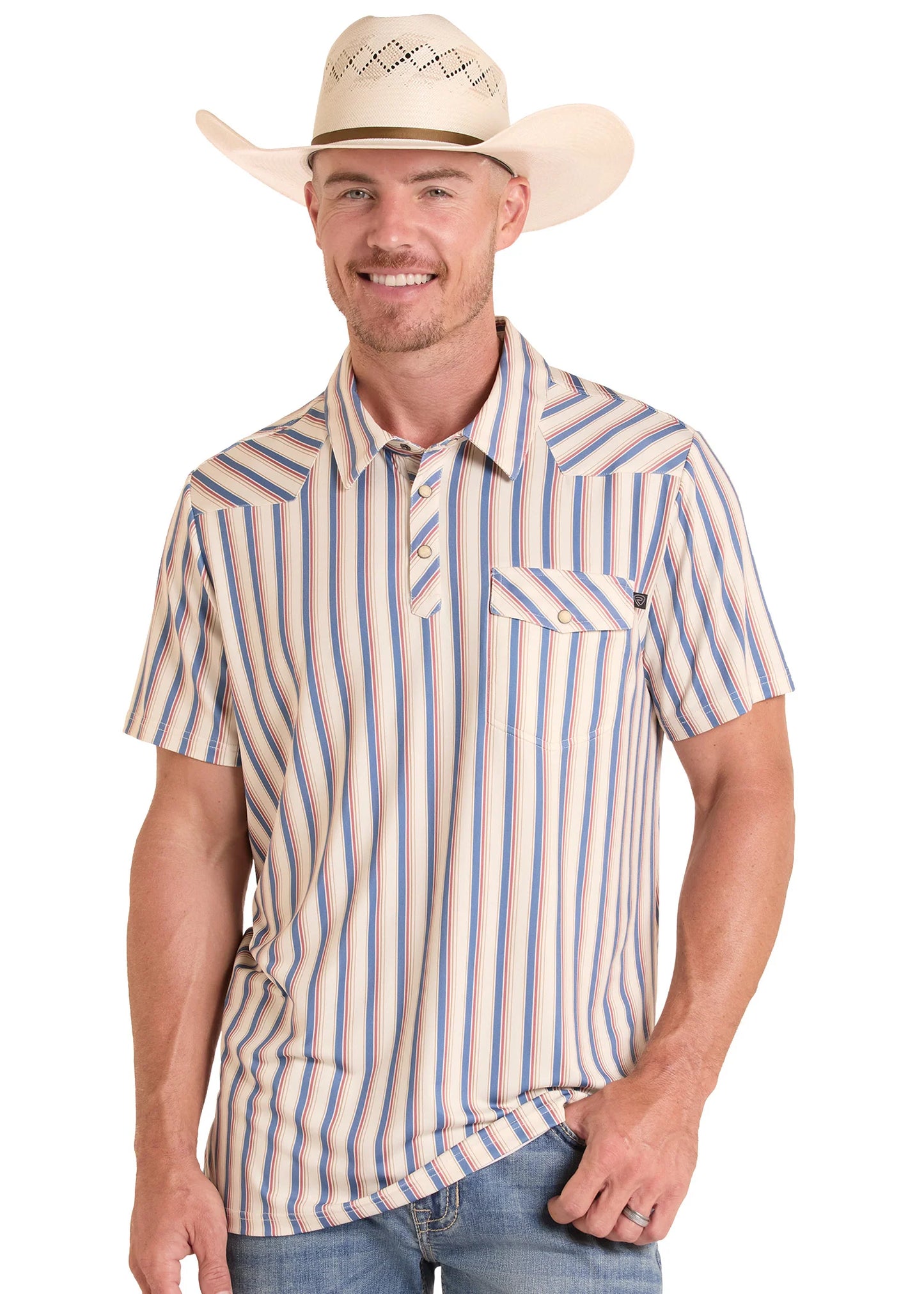 Rock&Roll Men's Red & White Stripe Western Pocket Polo