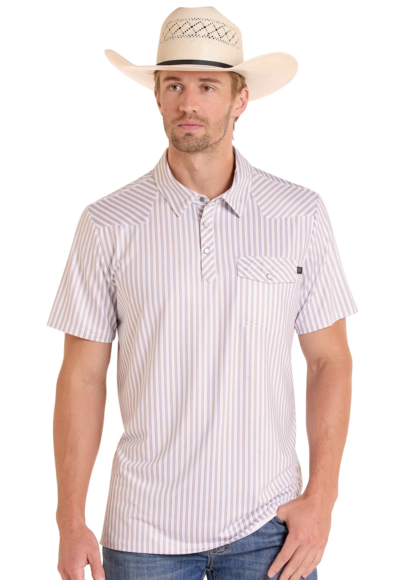 Rock&Roll Men's Tan Stripe Western Pocket Polo