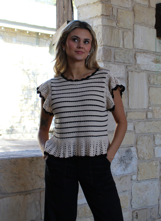 Eesome Oatmeal Striped Flutter Sleeve Sweater