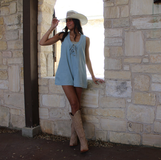 Miou Muse Tie Front Denim Romper