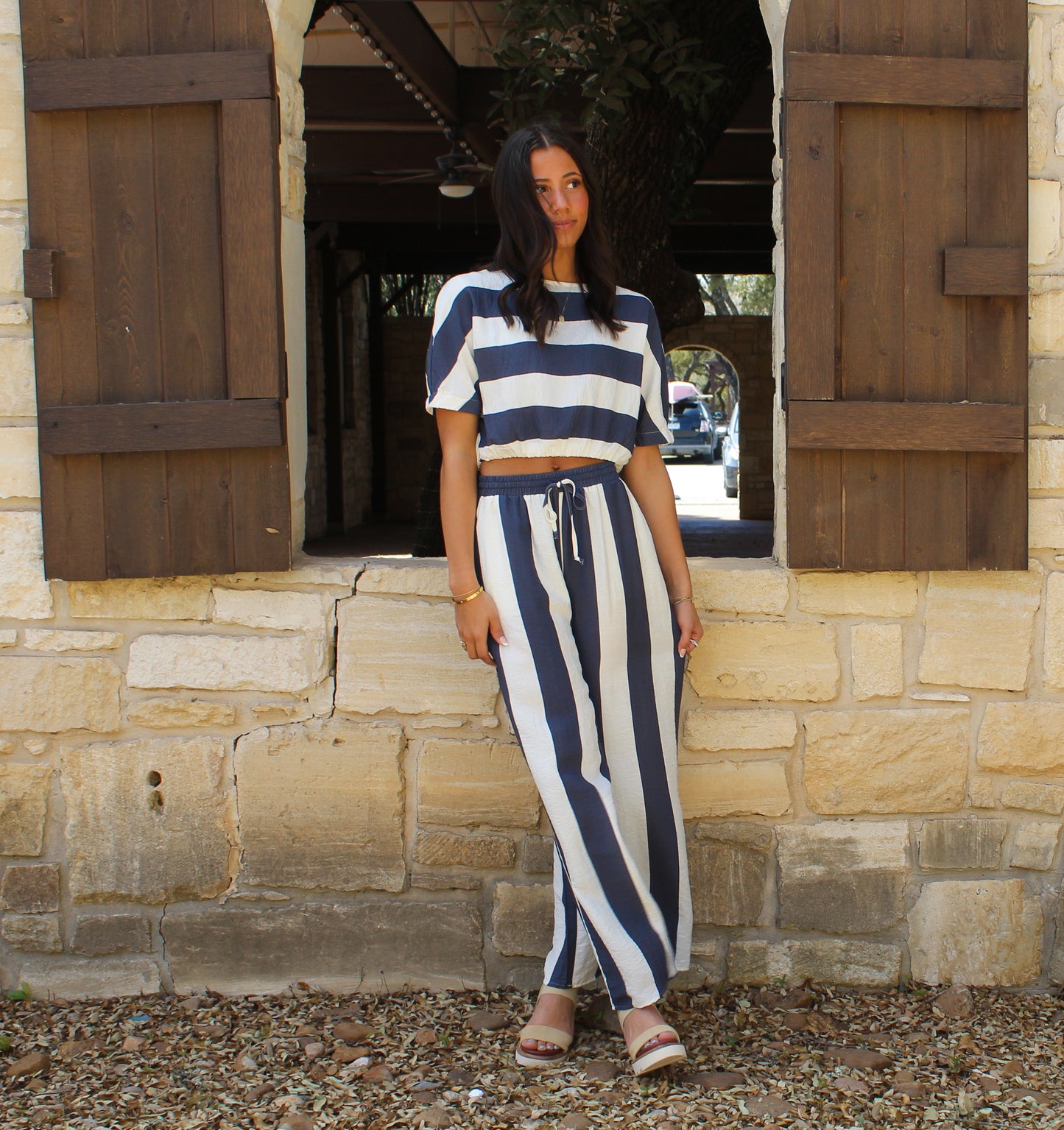 Miou Muse Navy Stripe Boat Neck Top