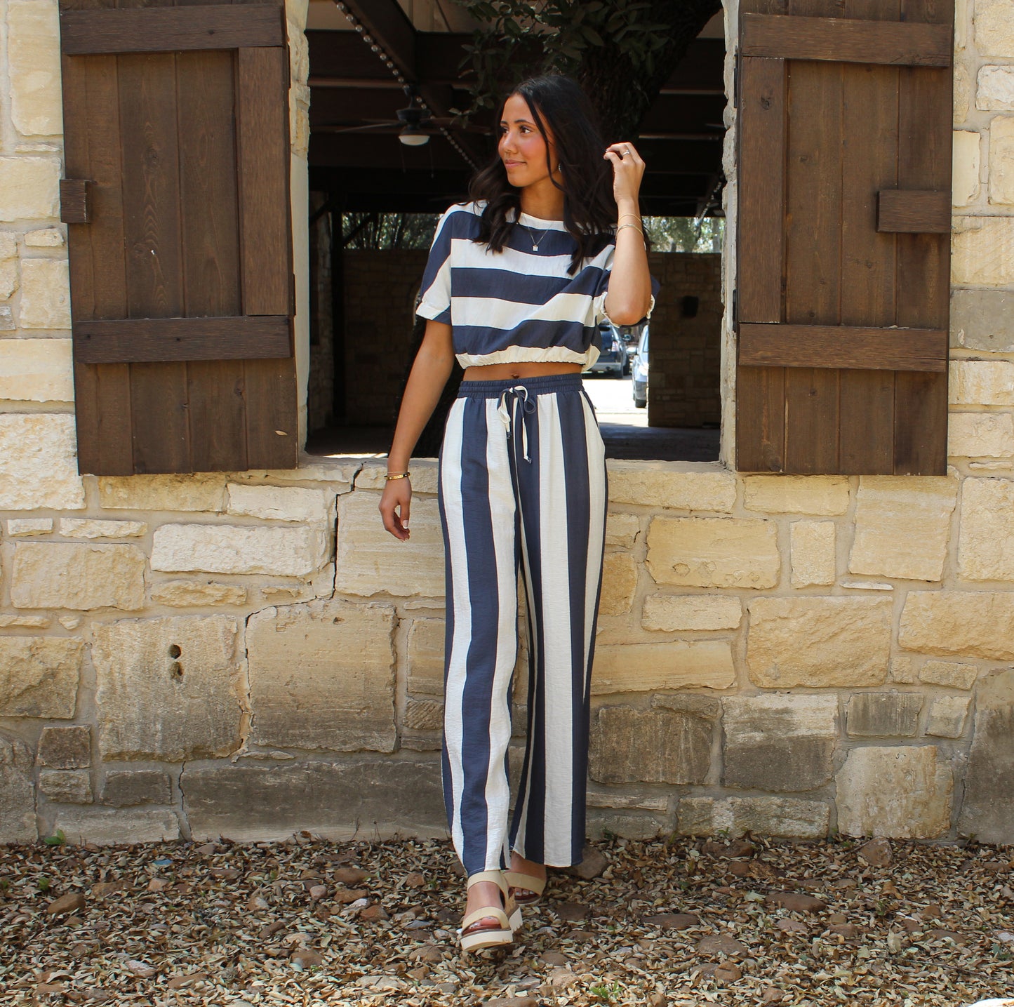 Miou Muse Navy Stripe Boat Neck Top