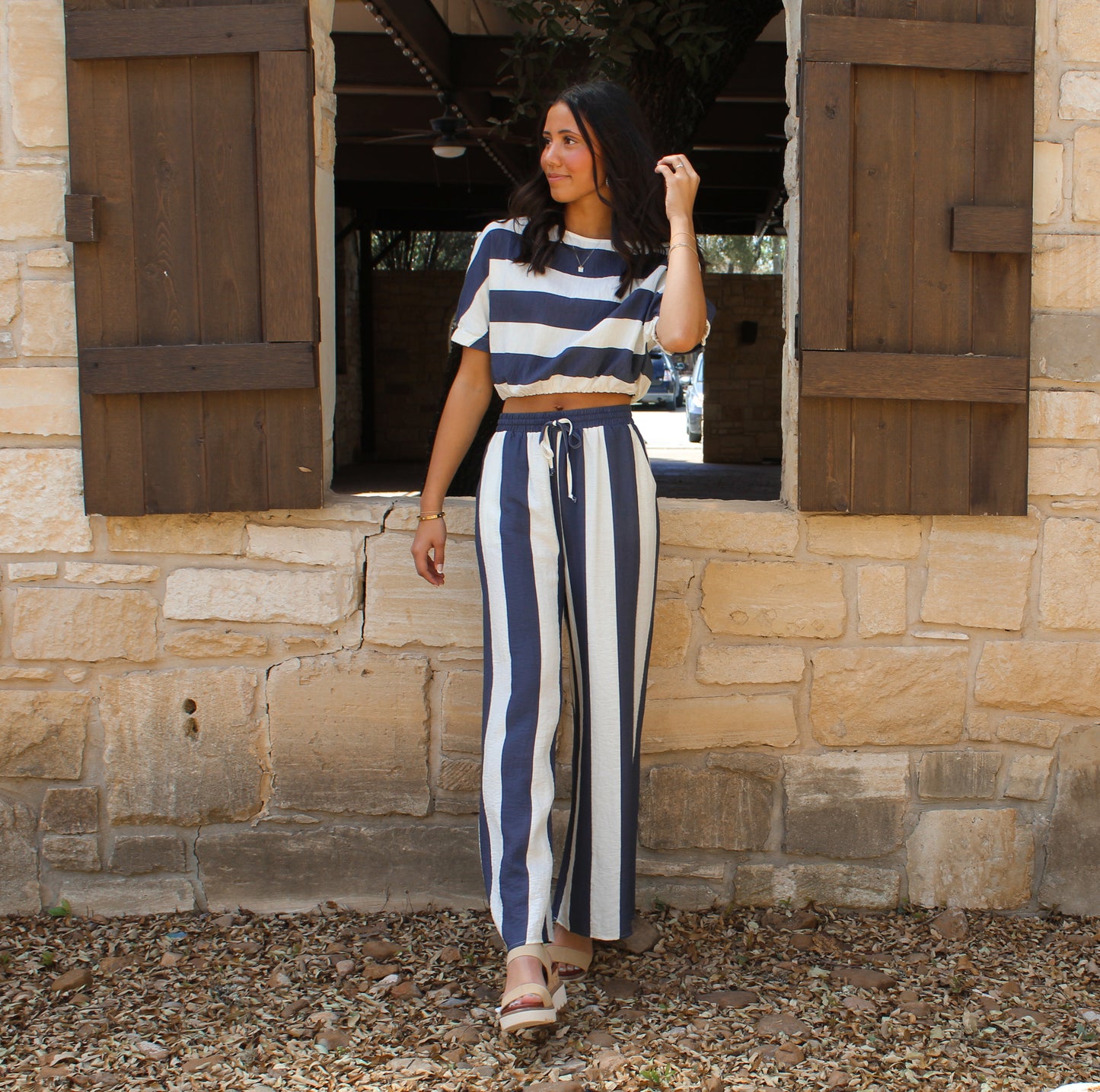 Miou Muse Navy Stripe Boat Neck Top