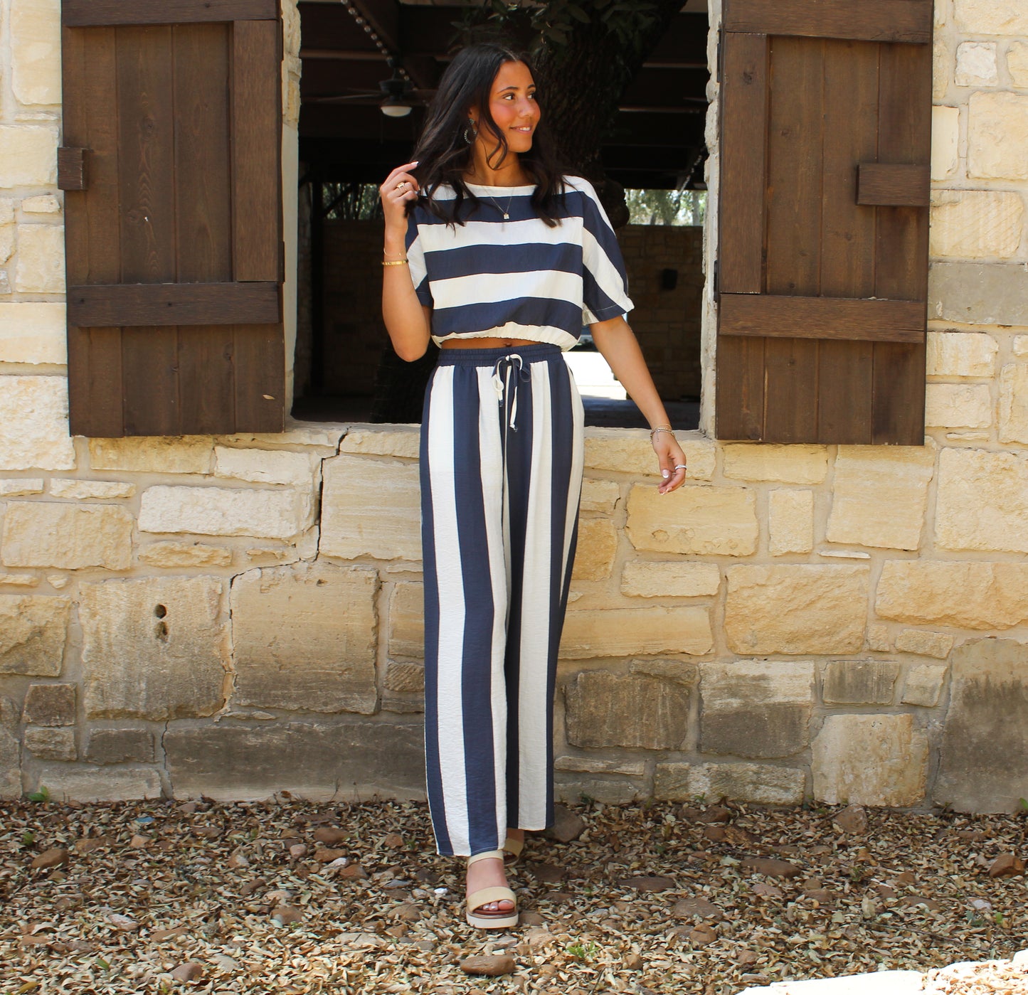 Miou Muse Navy Stripe Boat Neck Top
