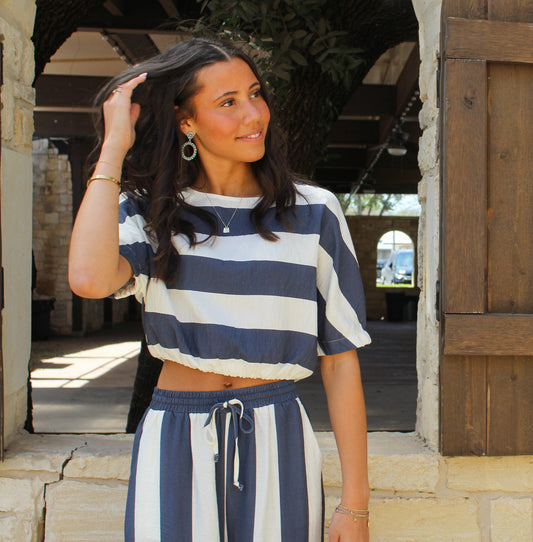 Miou Muse Navy Stripe Boat Neck Top