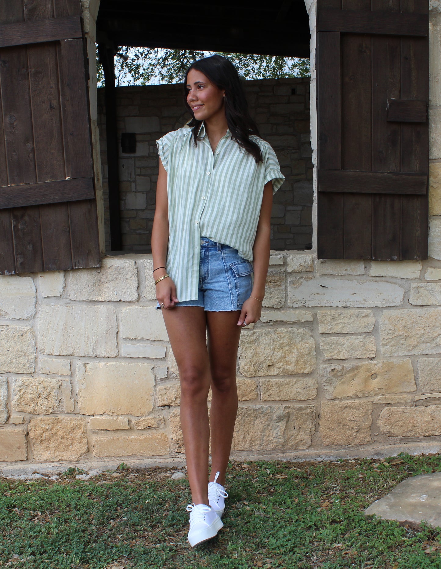 Eesome Striped Short Sleeve Top Sage