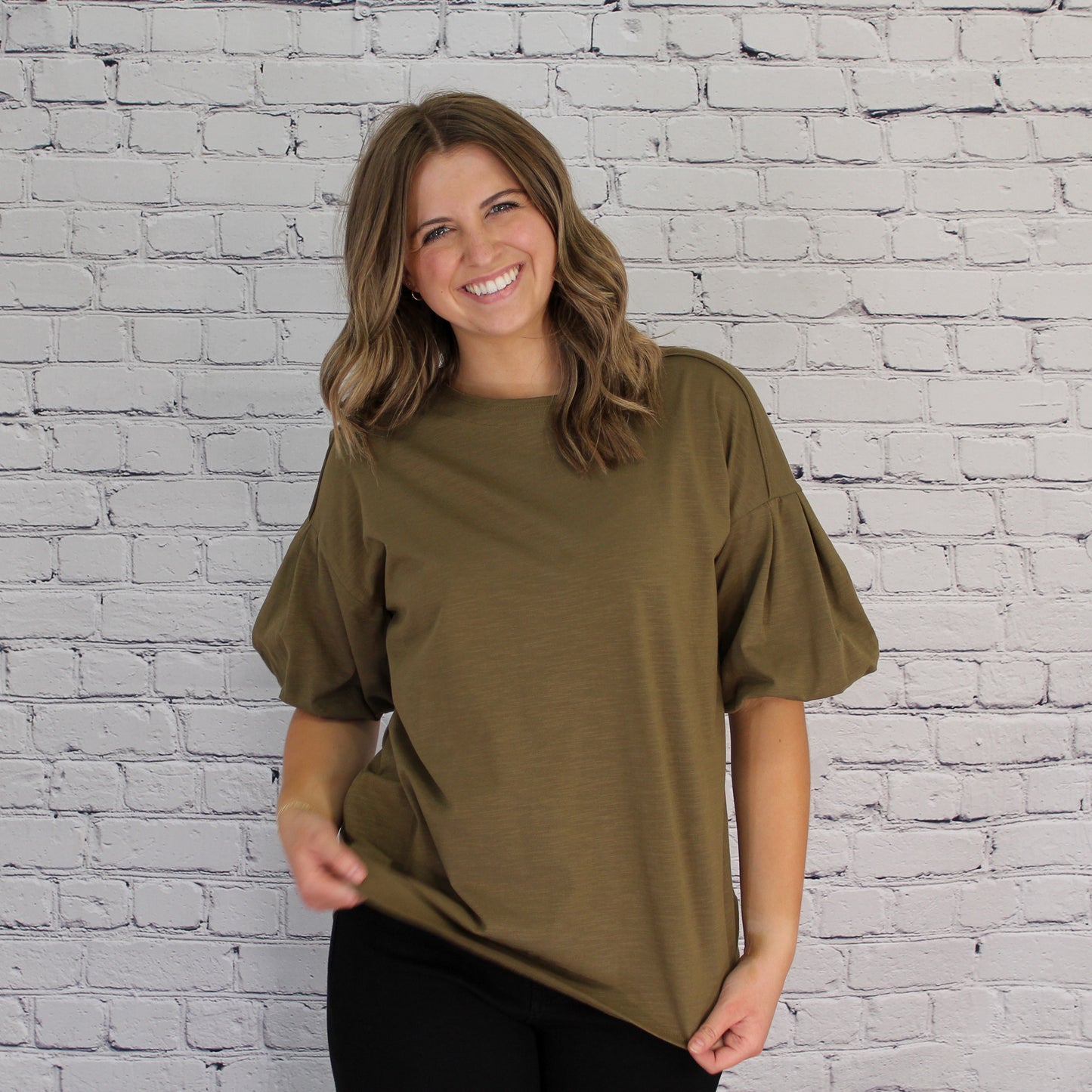 Olive Bubble Sleeve Knit Top