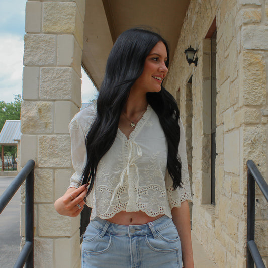 AW Floral Embroidery Tie Front Blouse