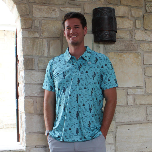Rock&Roll Turquoise Cactus Print Polo