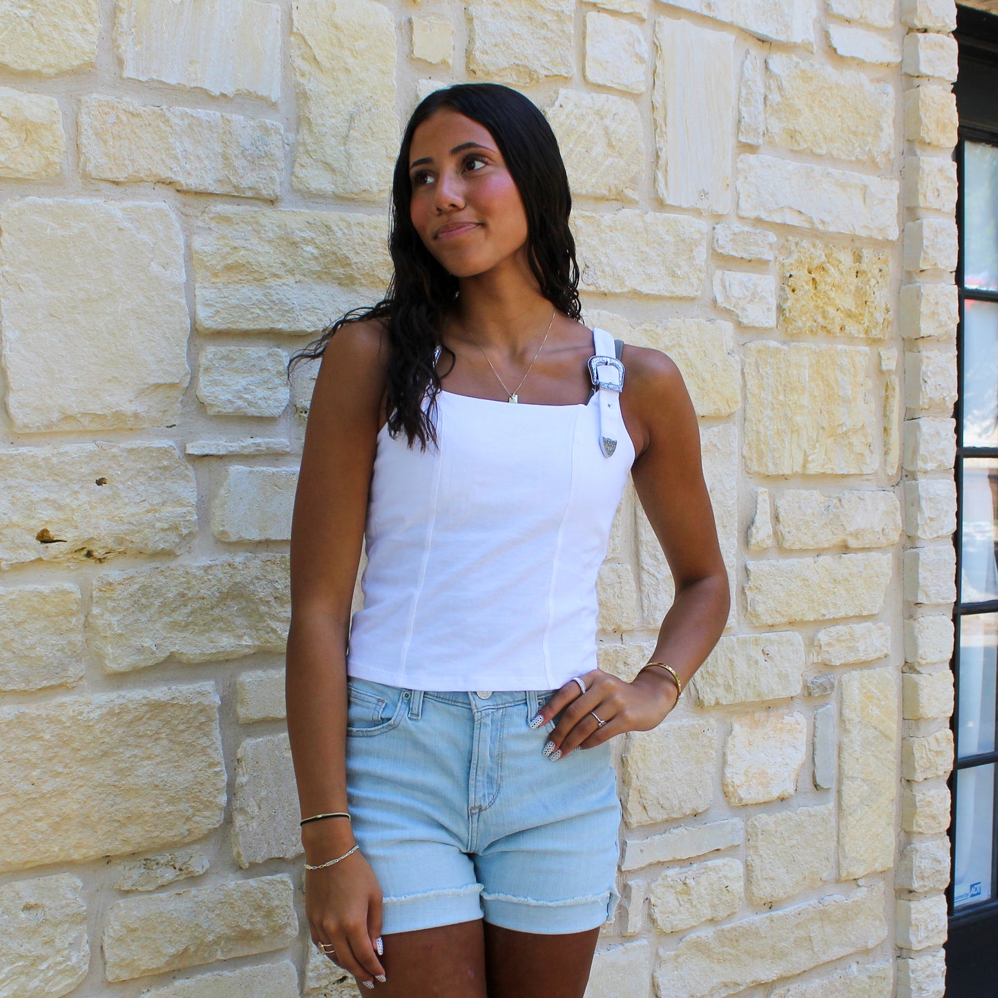 Rock&Roll Buckle Strap Top White