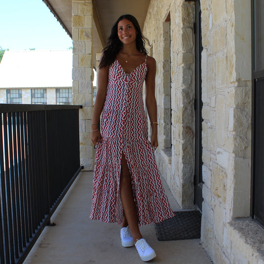 Rock&Roll Red Southwestern Halter Maxi Dress