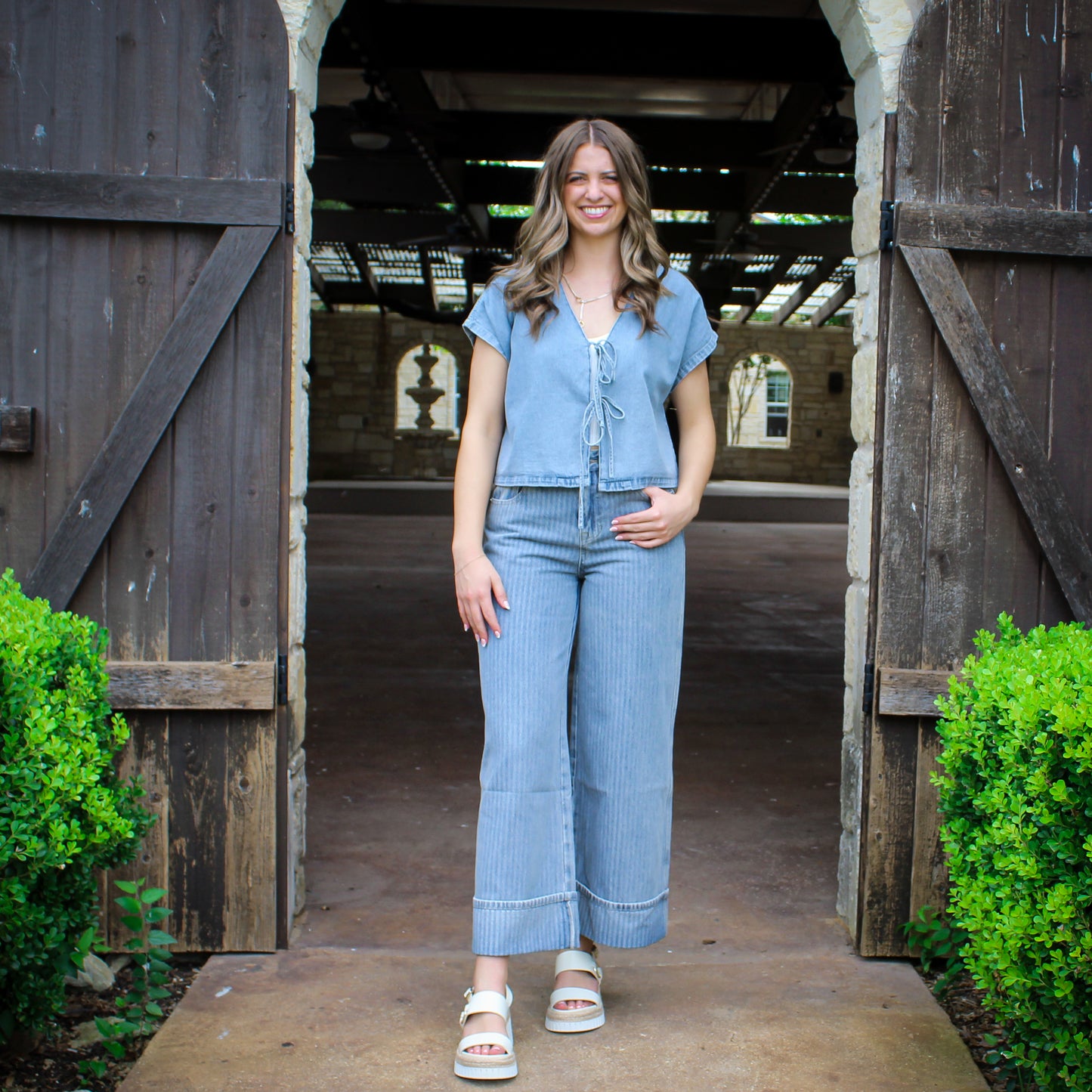 Miou Muse Textured Striped Denim Pants
