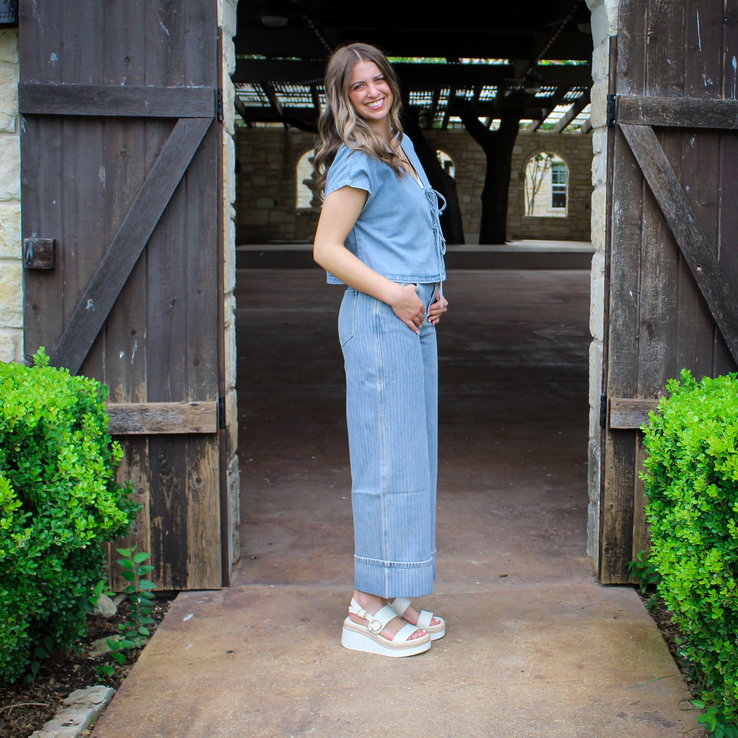 Miou Muse Textured Striped Denim Pants