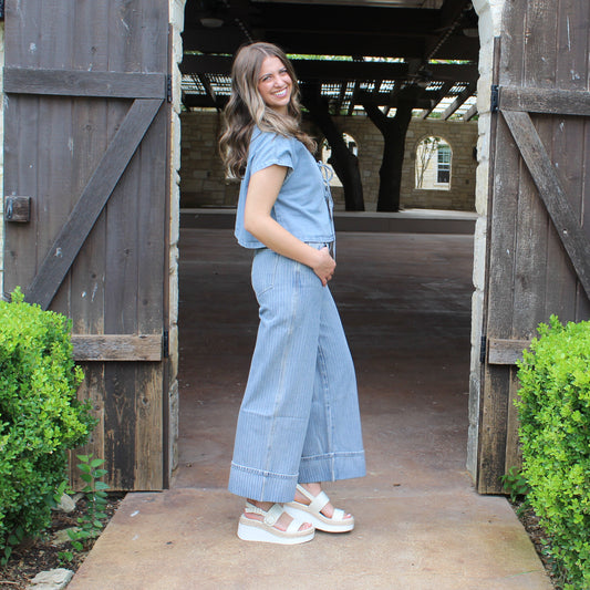 Miou Muse Textured Striped Denim Pants