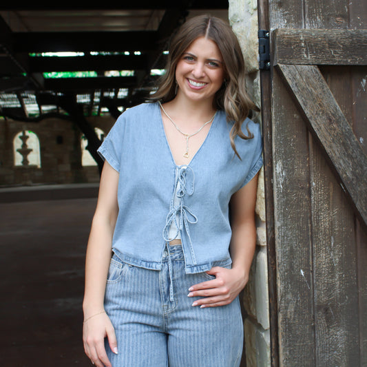 Miou Muse Denim Tied Front Top