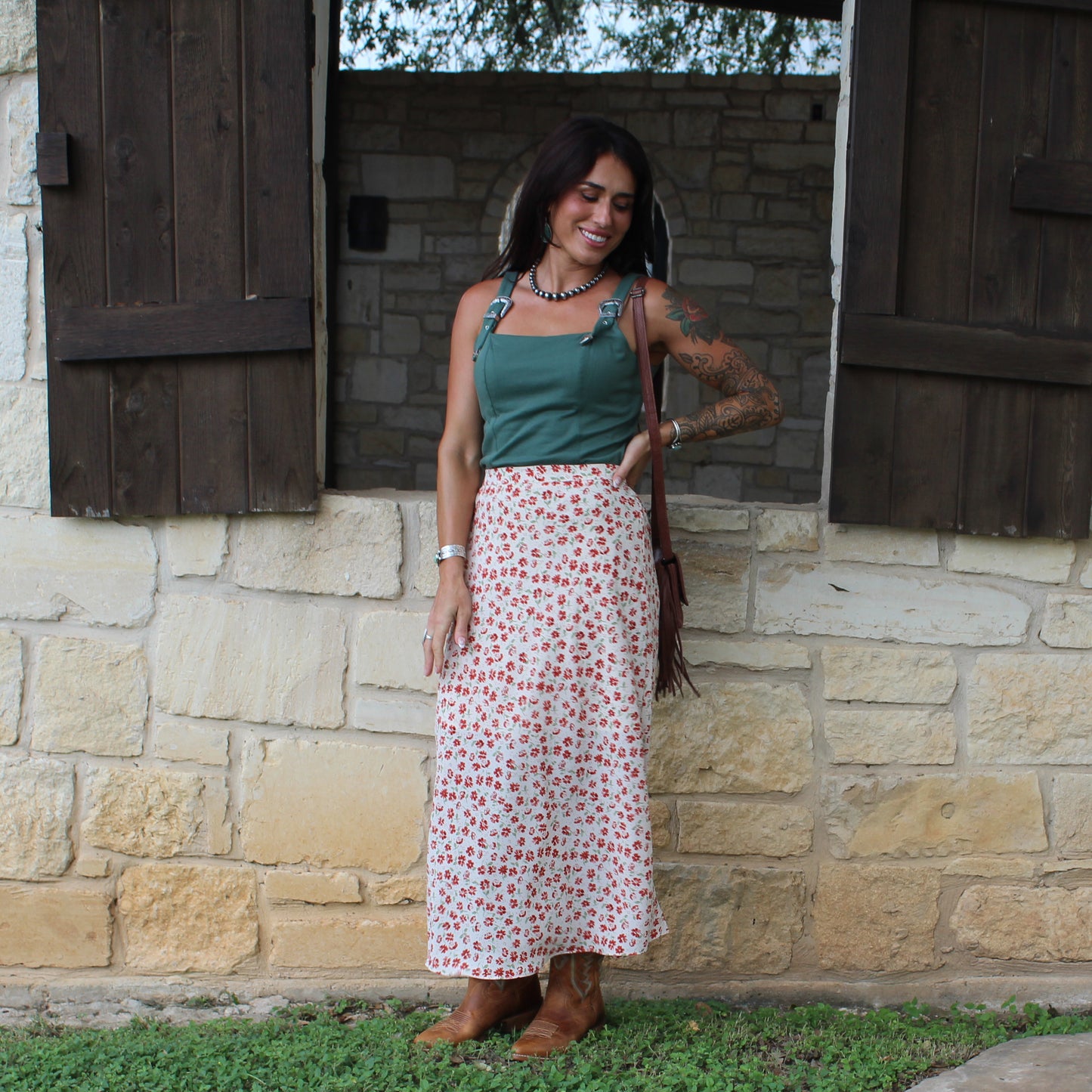 Wishlist Cream/Poppy Floral Midi Skirt