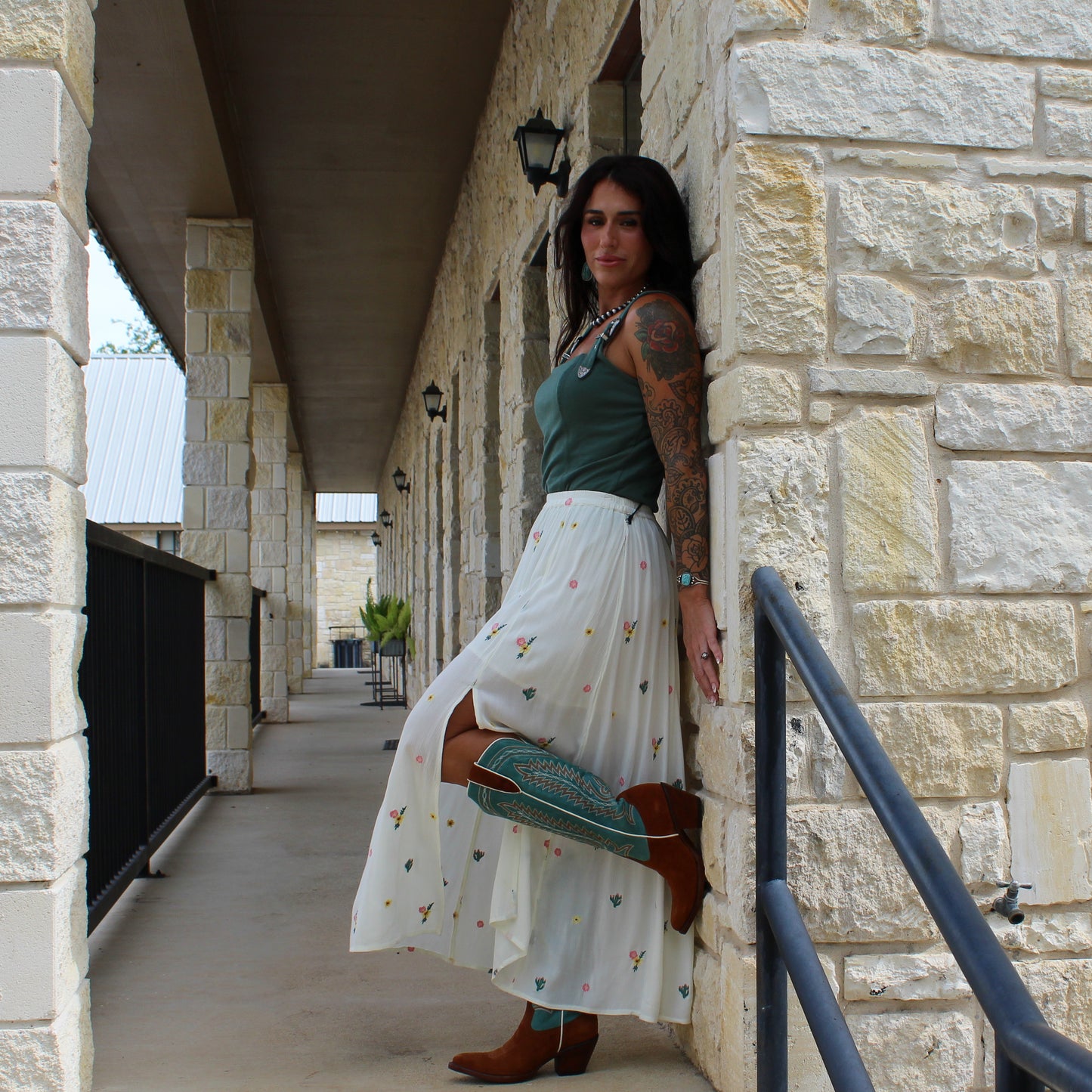 Rock&Roll Floral Cactus Midi Skirt