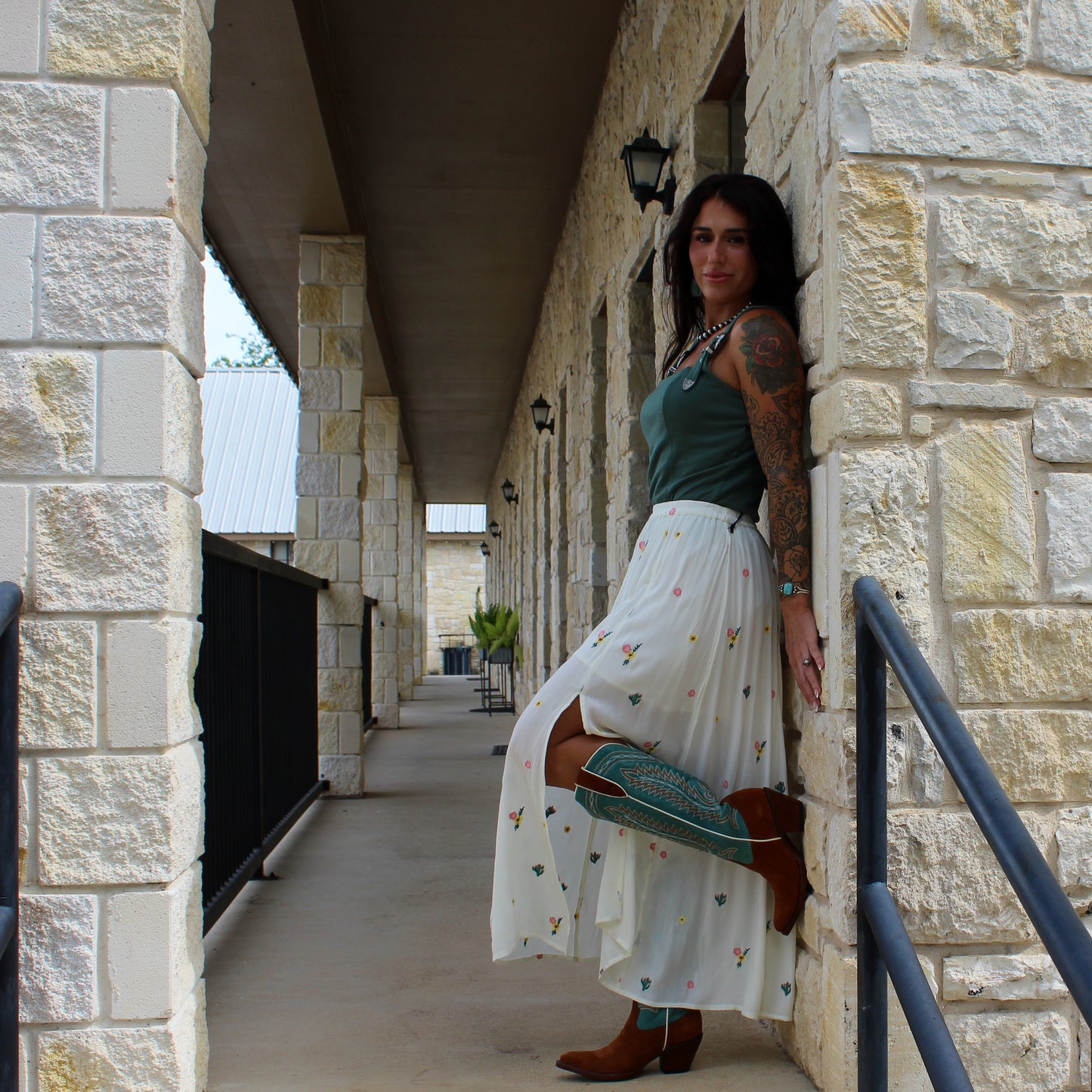 Rock&Roll Floral Cactus Midi Skirt