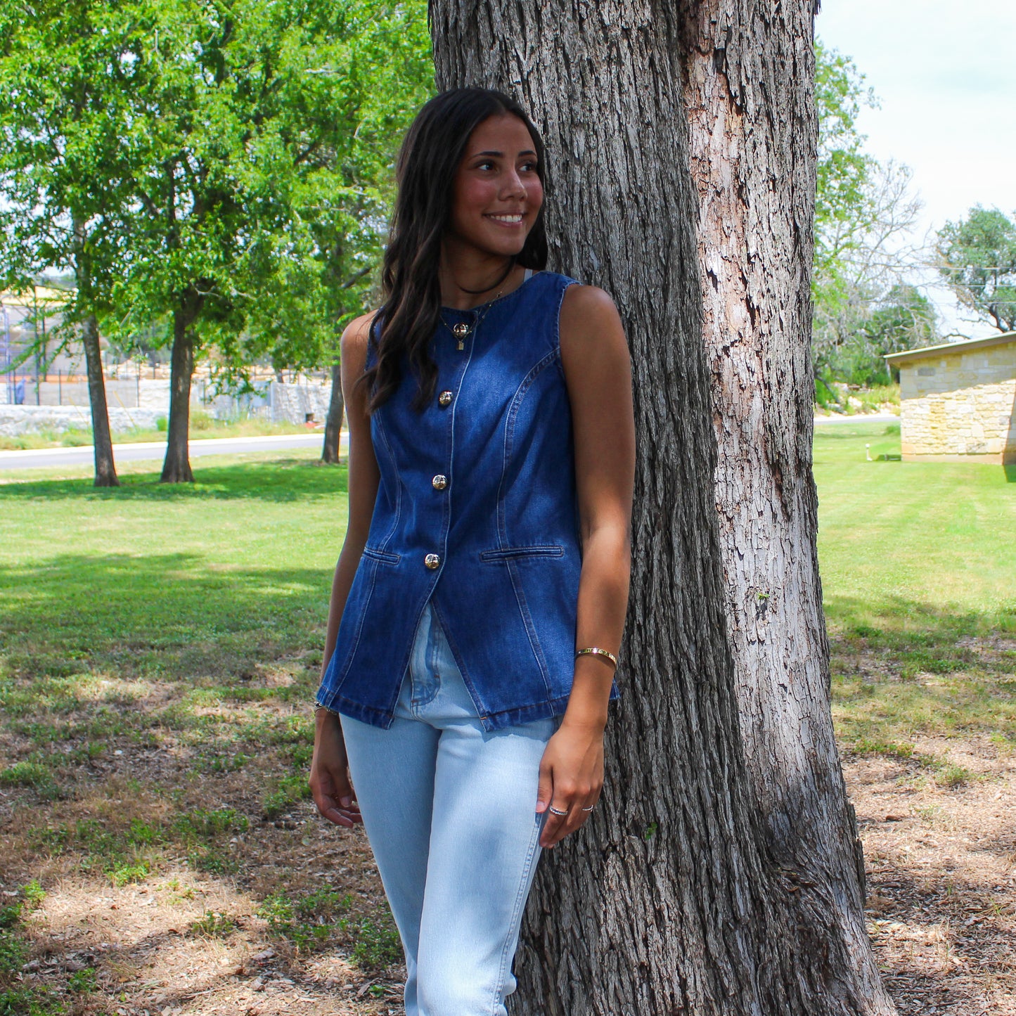 Blue B Gold Button Denim Vest