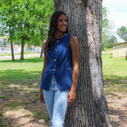 Blue B Gold Button Denim Vest