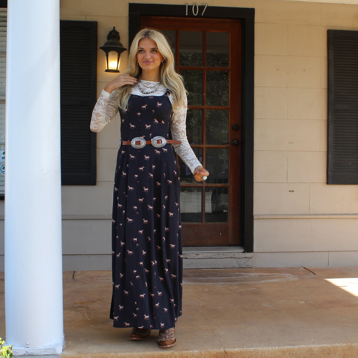 Rock&Roll Horse Print Buckle Dress