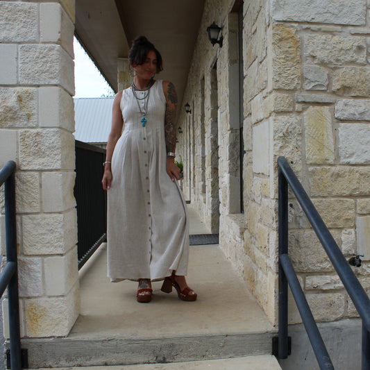 Miou Muse Oatmeal Pleated Detail Linen Dress