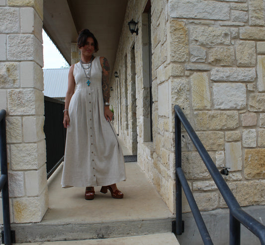 Miou Muse Oatmeal Pleated Detail Linen Dress