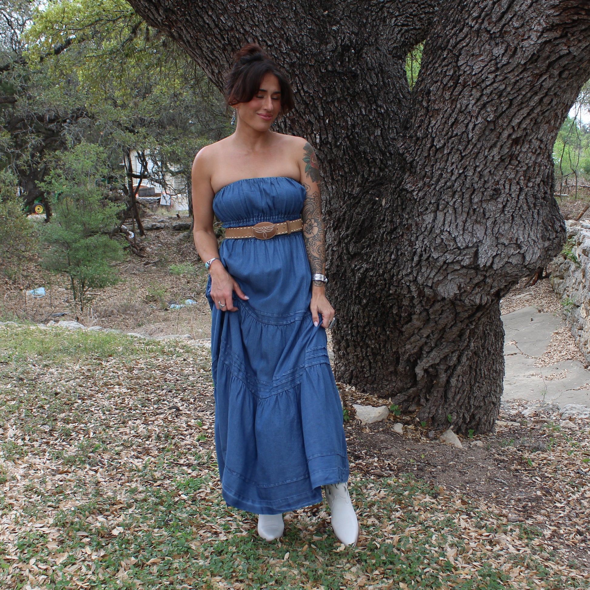 denim strapless midi dress Women's Ideal Confidence Strapless Midi Dress in Denim