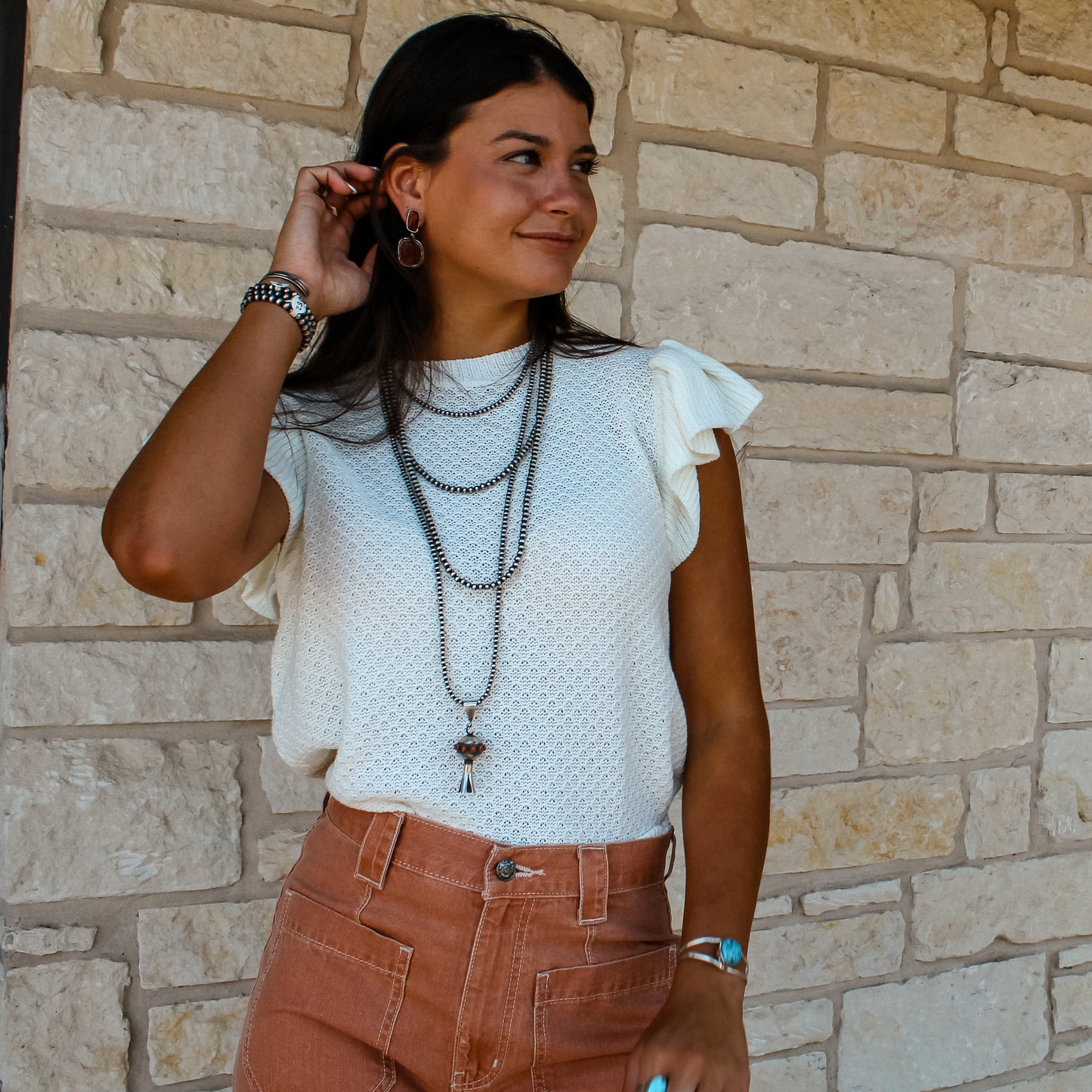 Pinch Ruffle Ivory Crochet Sweater