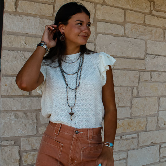 Pinch Ruffle Ivory Crochet Sweater