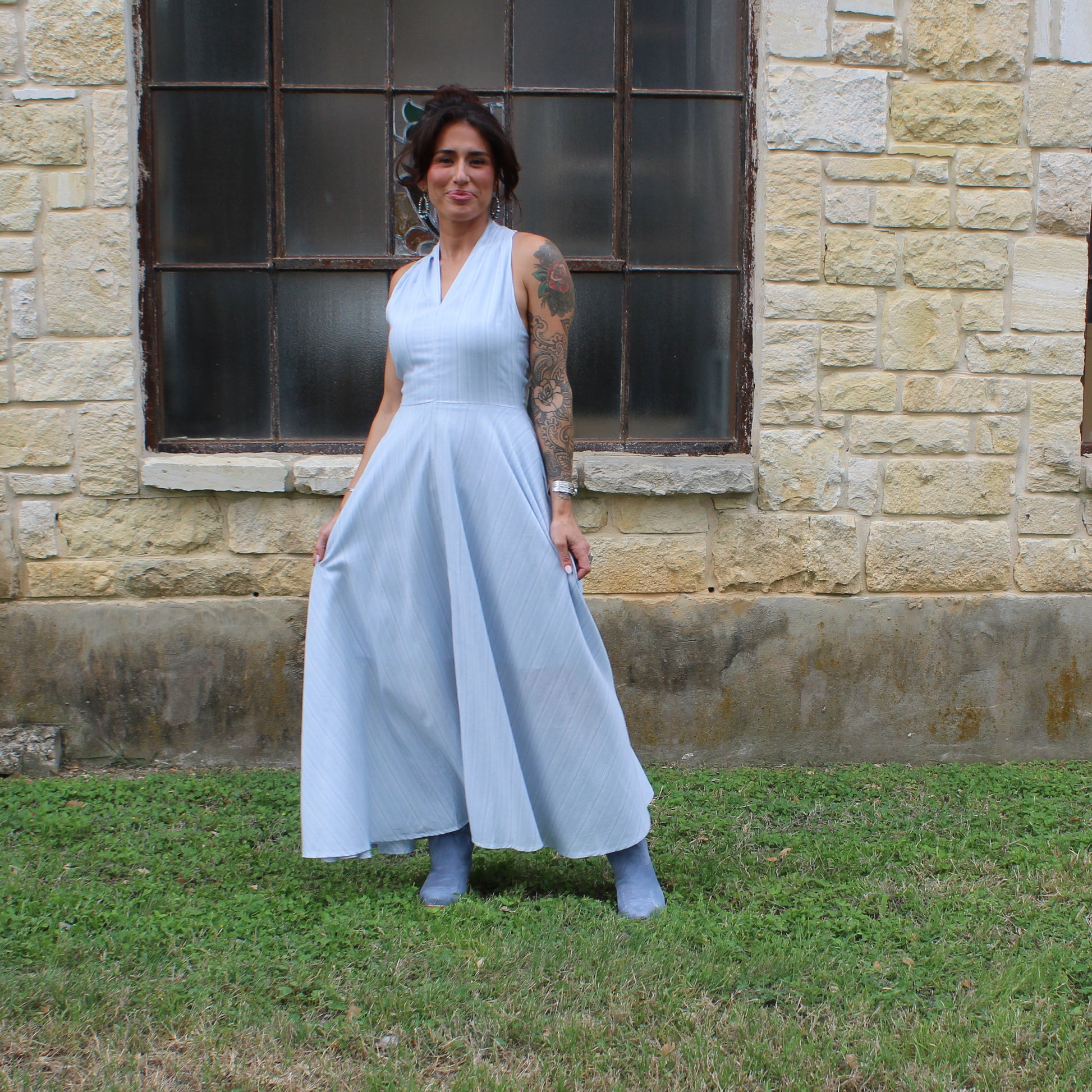 Elle Grey Light Blue halter Dress Small