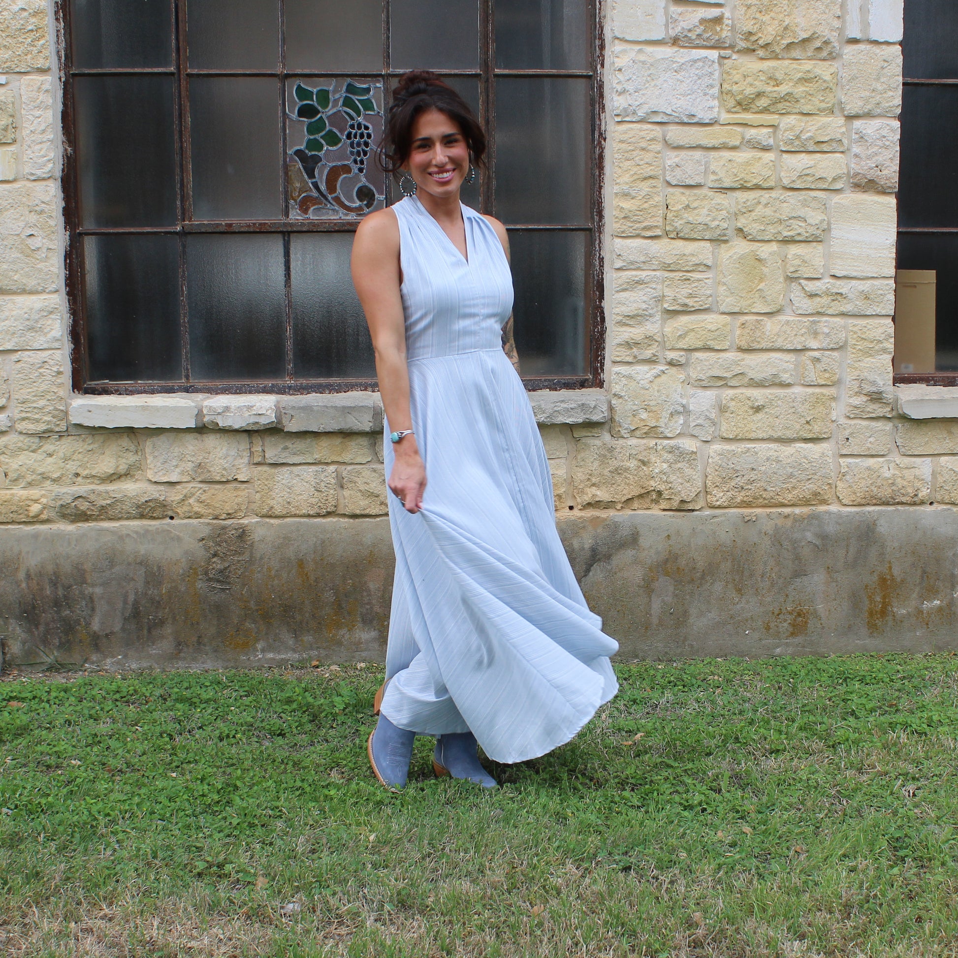 light blue dress halter Powder-Blue Short Halter Casual Dress with Buttons Powder Blue Print / XLarge