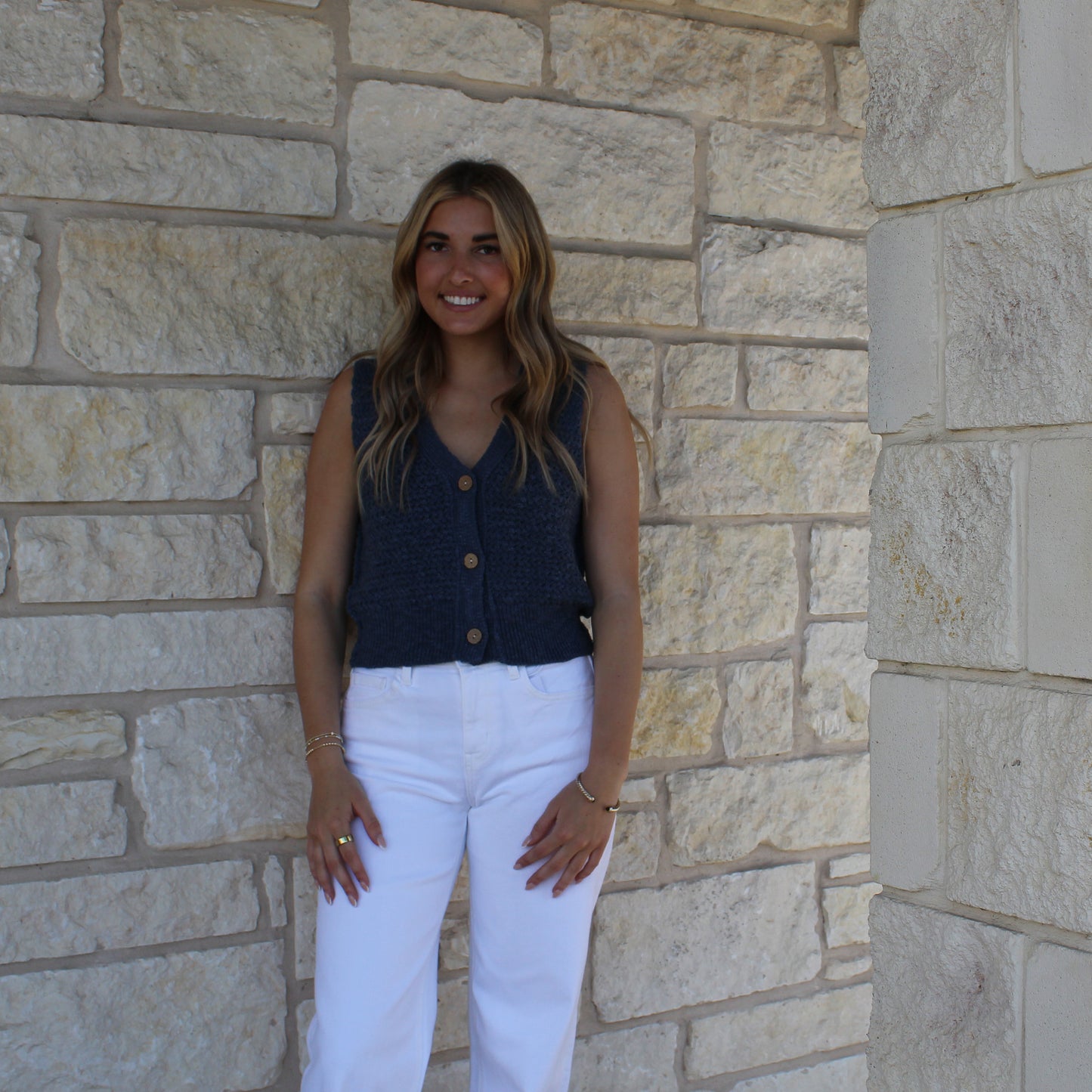 Eesome Indigo Button Down Sleeveless Sweater