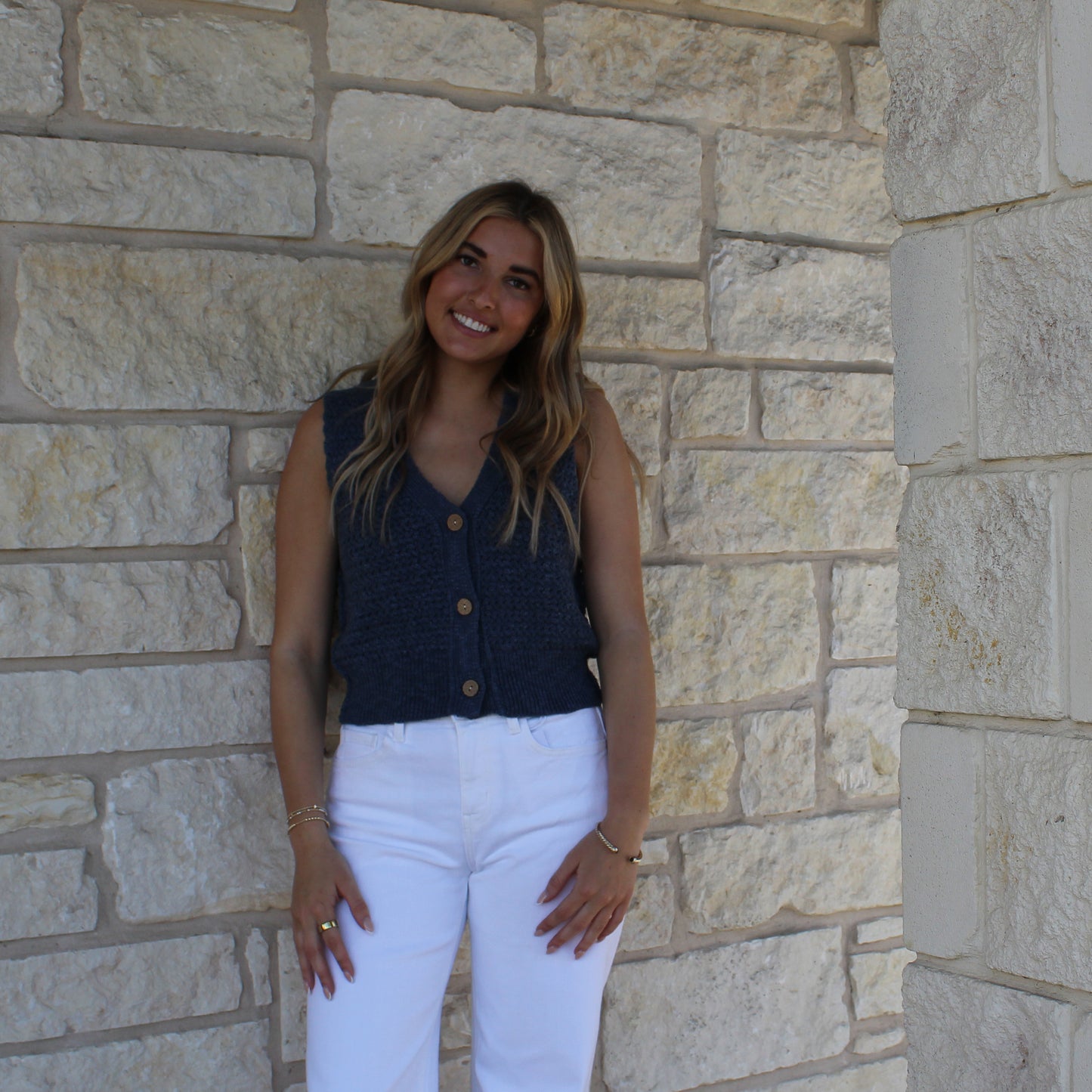 Eesome Indigo Button Down Sleeveless Sweater