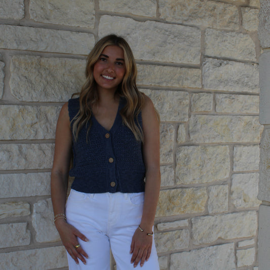 Eesome Indigo Button Down Sleeveless Sweater