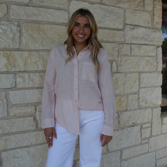 Be Cool Light Coral Pinstripe Button Up Top