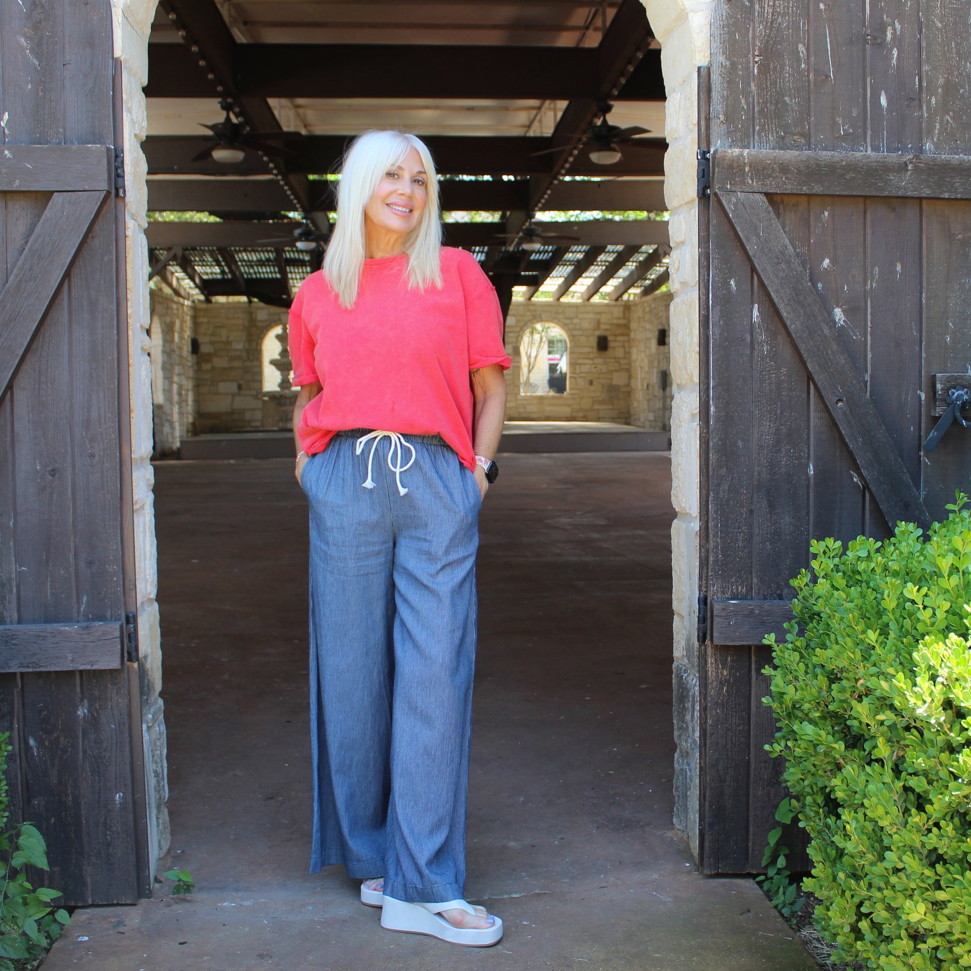 Essome Washed Pinstriped Wide  Leg Pants - Petticoat Junction